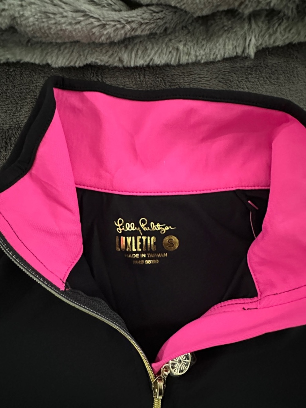 Lilly Pulitzer Black Pullover with Hot Pink Collar and Gold Zipper - Picture 2 of 4